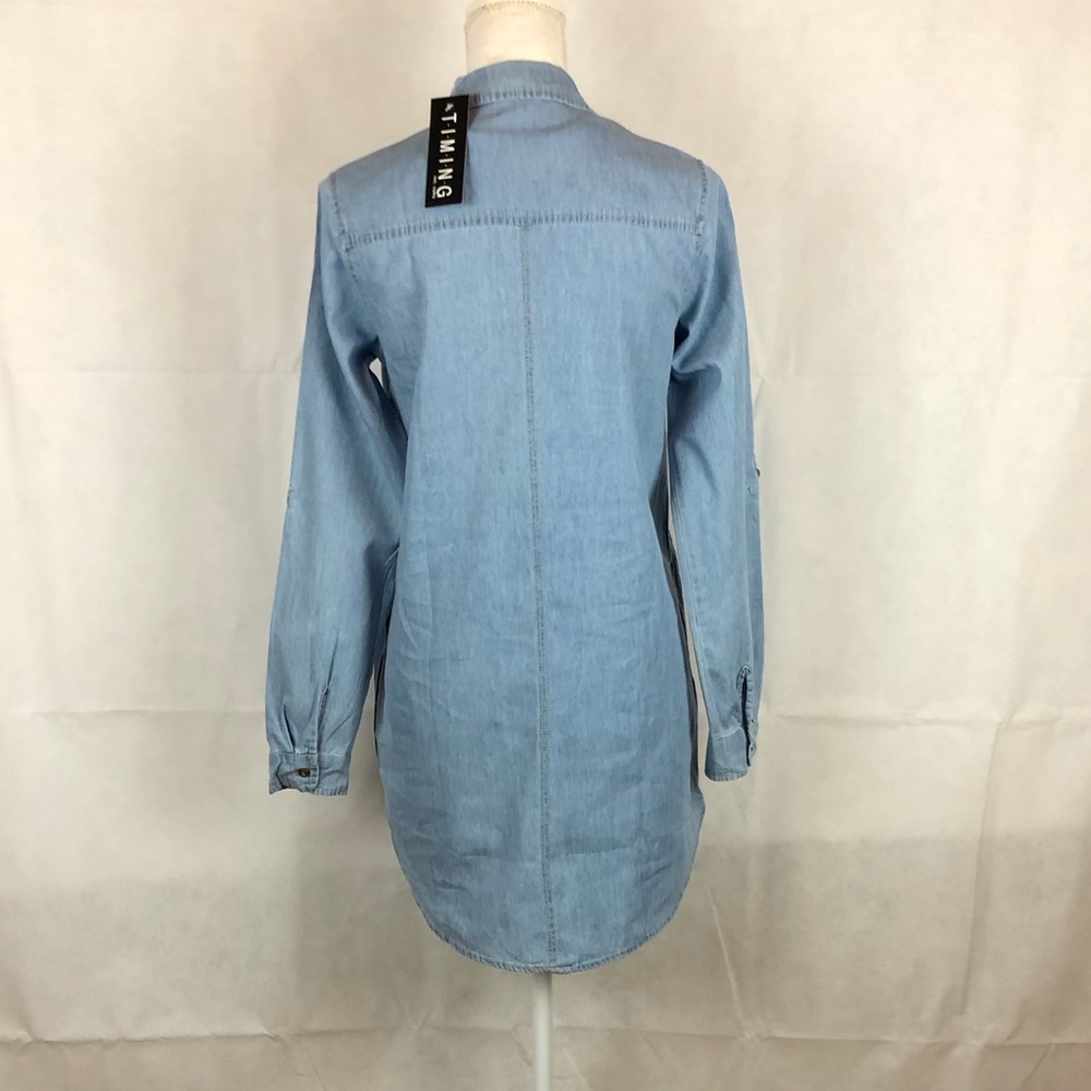 Timing Button Up Denim Collared Top Rollup Sleeves - Picture 3 of 8